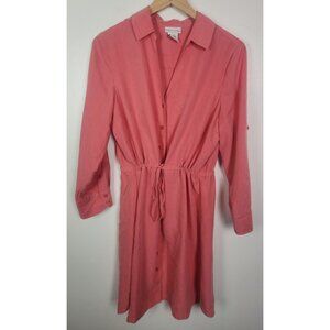 Soft Surroundings Women's Sz. PL Coral Long Tab Sleeve Button Up Cinched Dress